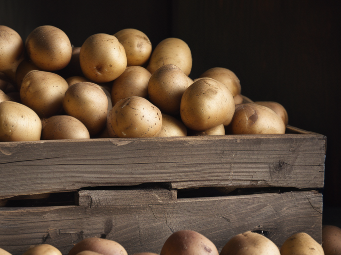 An AI generated image of potatoes in a wooden crate.