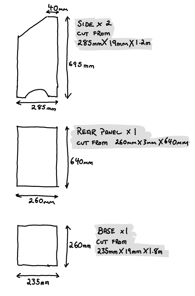 Part one of an image showing the measurements needed to make the parts of the potato storage box.