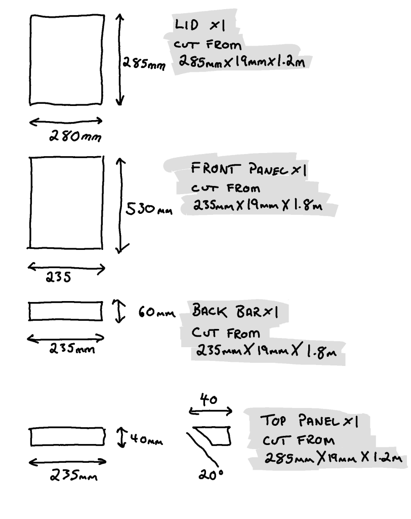 Part two of an image showing the measurements needed to make the parts of the potato storage box.