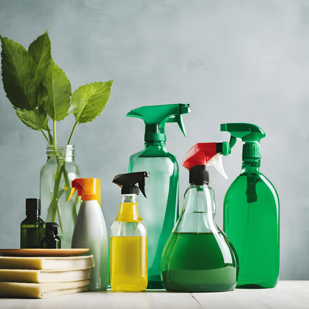 An A.I generated image of some unbranded cleaning product bottles.