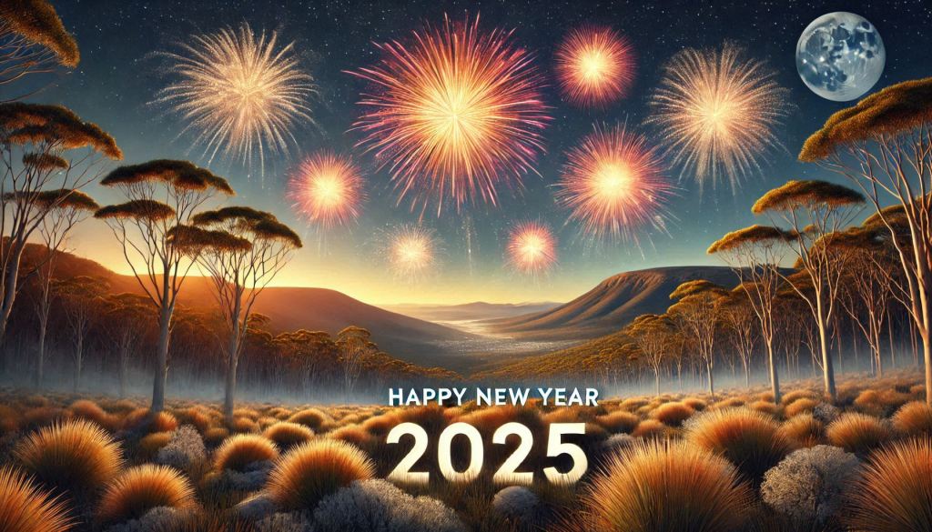 An ai generated image of fireworks over the Tasmanian bush with words saying happy new year 2025.