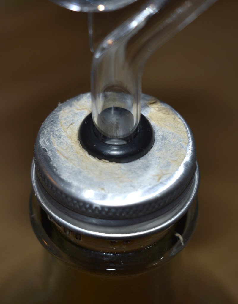Image is of a metal screw on lid to a bottle that has had a hole drilled into it, and in that hole is a rubber ring with an s bend airlock. 