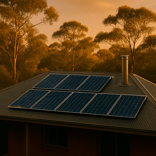 An AI-generated image of the rooftop of a house in the Australian bush. with a dozen or so solar panels mounted on top.
