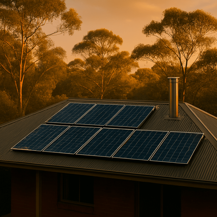 An AI-generated image of the rooftop of a house in the Australian bush. with a dozen or so solar panels mounted on top.