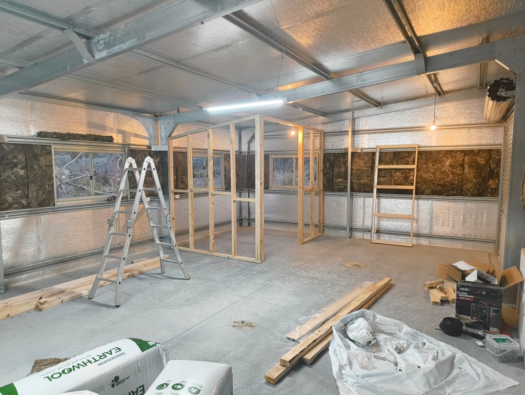 This image depicts the interior of the shed as I had just to begin work on insulating and panelling the walls.